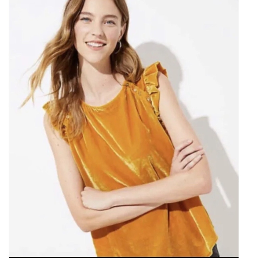 Loft Golden Mustard Yellow Velvet Ruffled Sleeveless Top in size  XS